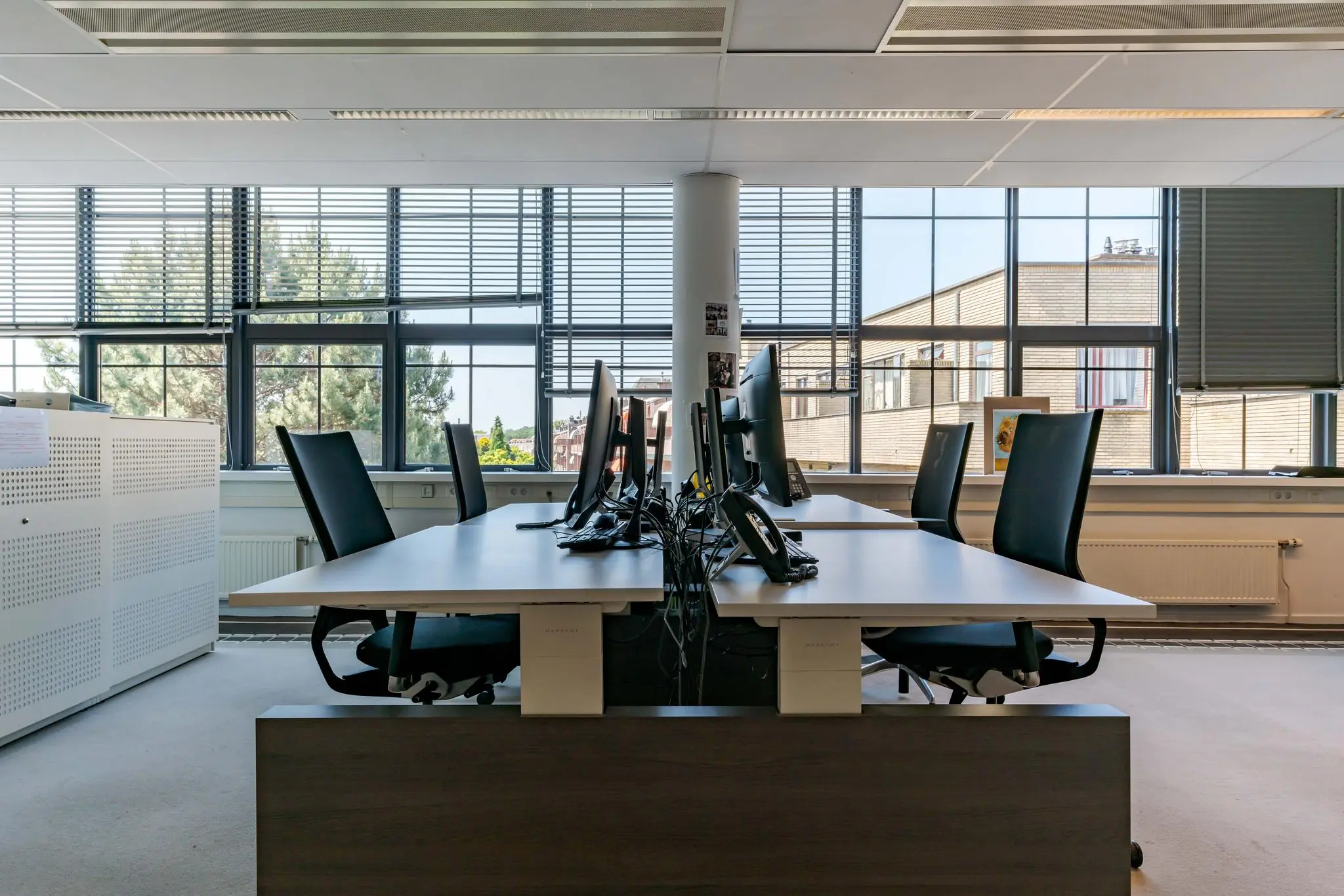 Modern kantoor met werkplekken en beeldschermen aan de Van Alkemadelaan, met uitzicht op bomen en omliggende gebouwen.